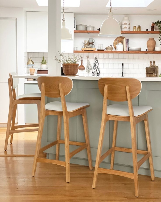 Bar Stool Scandinavian Light Oak Curved Wooden Back Upholstered Seat
