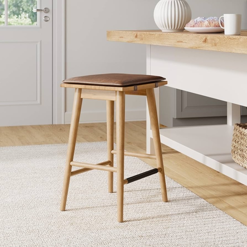 Bar Stool Scandinavian Light Wood Brown Leather-Like Cushion