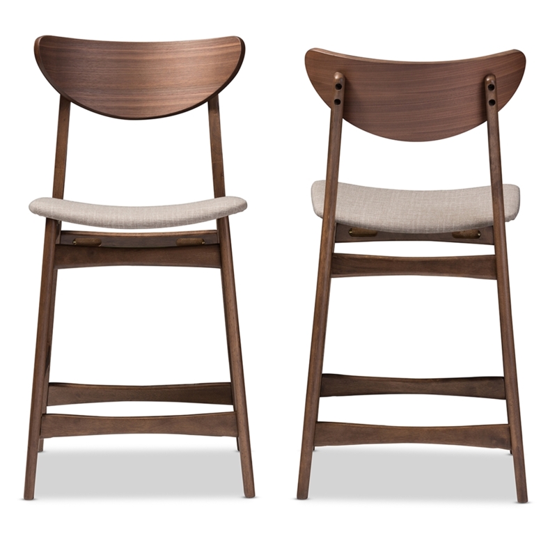 Bar Stool, Scandinavian Style, Walnut Frame, Light Grey Fabric, Crescent Backrest
