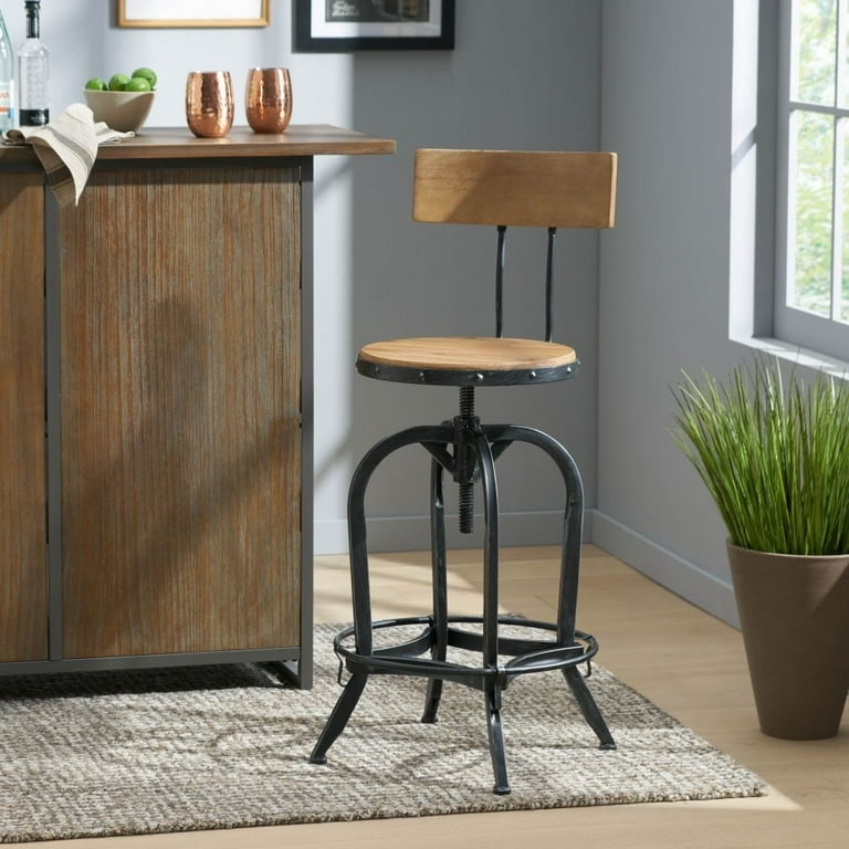Bar Stool Screw Post Mechanism Backrest Swivel Wood and Metal Contrast