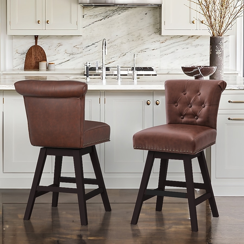 Bar Stool Scroll Back Brown Swivel Diamond Tufted Nailhead Traditional