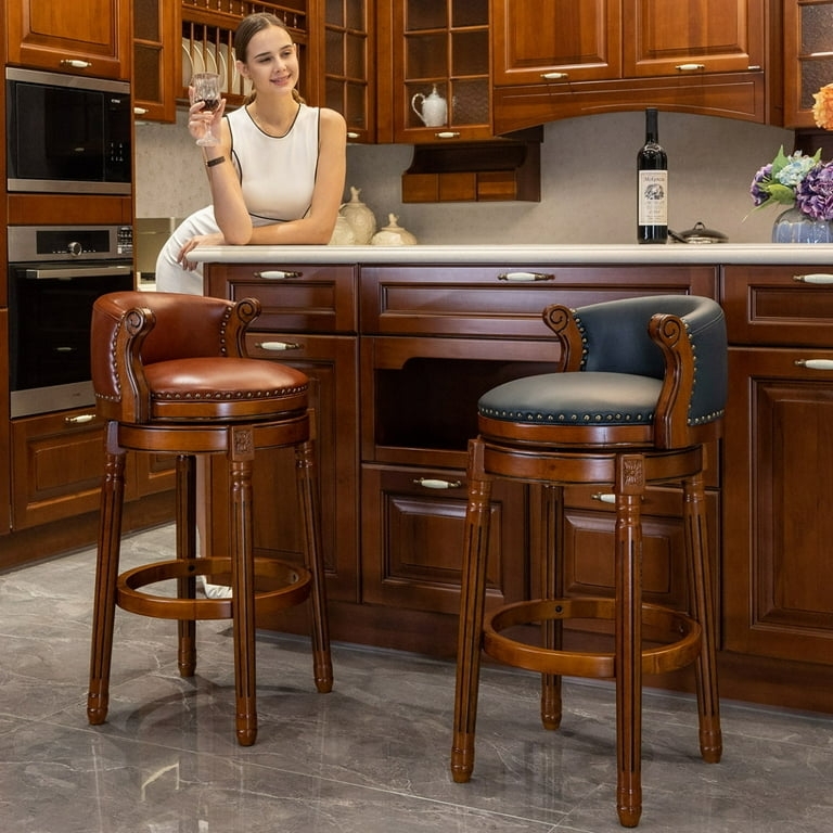 Bar Stool Scrolled Arms Nailhead Accents Dark Wood Traditional Kitchen