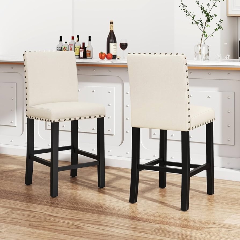 Bar Stool Set Beige Upholstered Square Back Nailhead Matte Black Legs