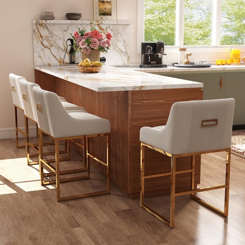 Bar Stool Set Beige Velvet Metallic Sled Base Handle