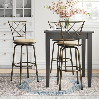 Bar Stool Set Bronze Lattice Back Swivel Seat Beige Lattice Back Stools