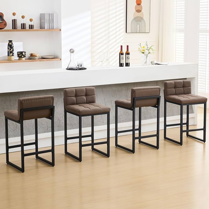Bar Stool Set featuring Quilted Coffee Brown Leather and Sled Base