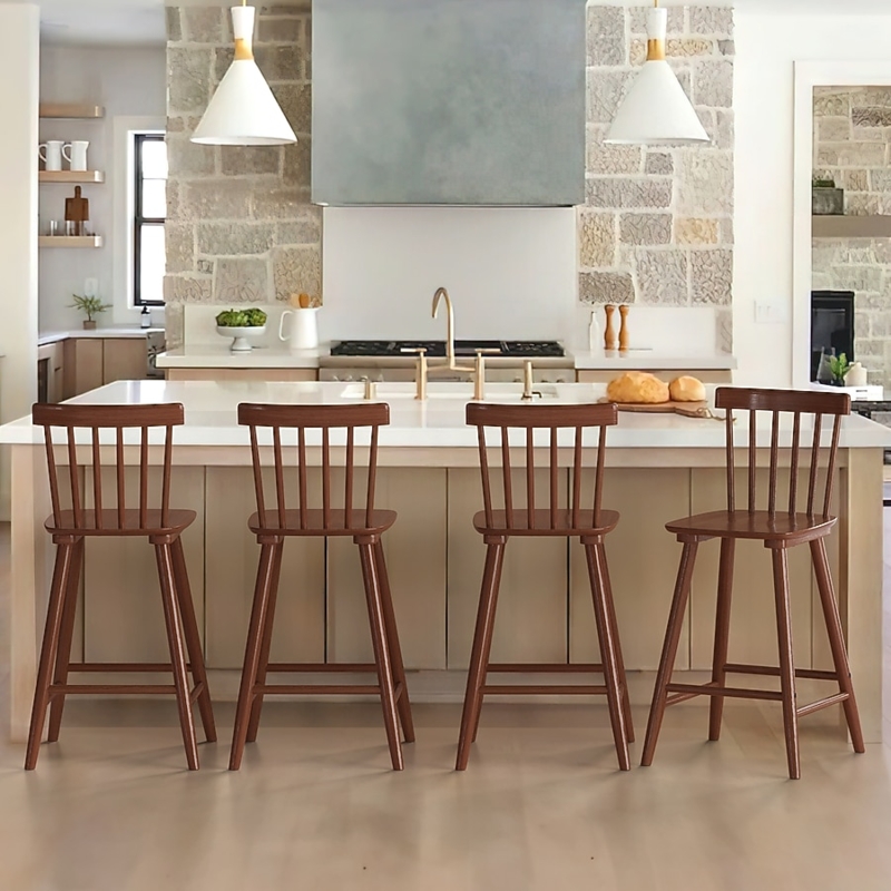 Bar Stool Set, Modern Farmhouse Style, Spindle Back, Walnut Tone