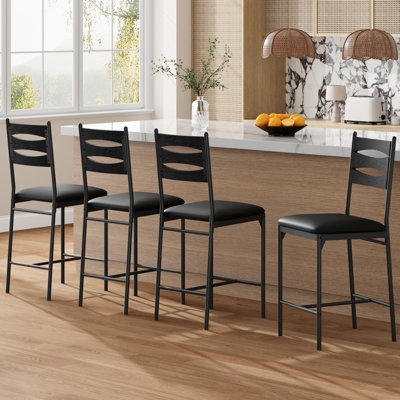 Bar Stool Set of 4 Black Ladder Back Faux Leather Black Counter Stools