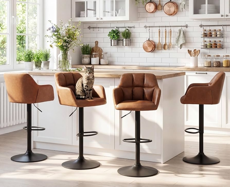 Bar Stool Set of 4 Brown Adjustable Pedestal Base Quilted Back Swivel
