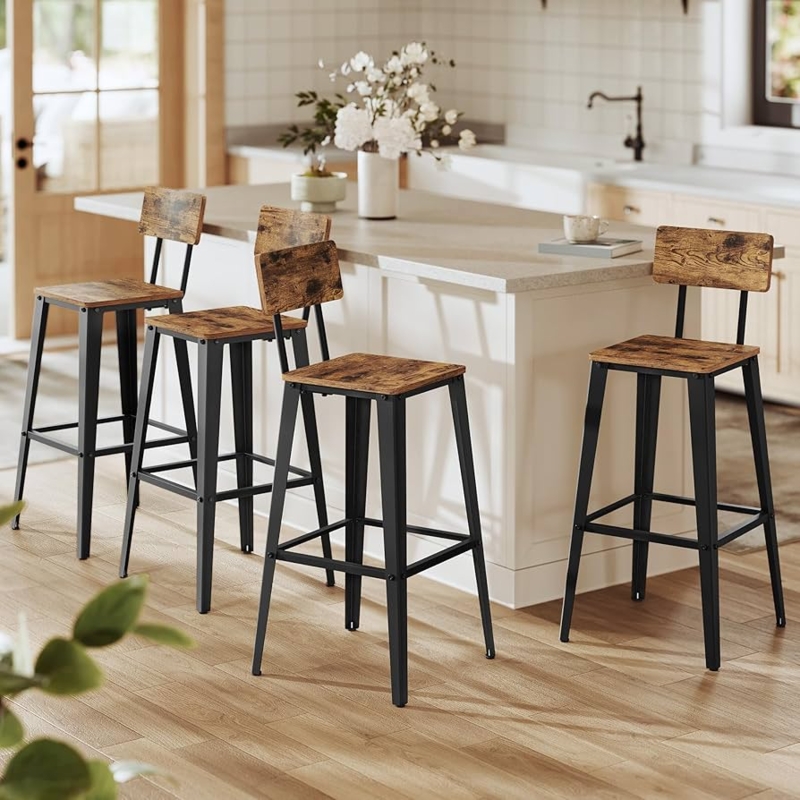 Bar Stool Set of 4 Industrial Metal and Wood Grain Low Backrest