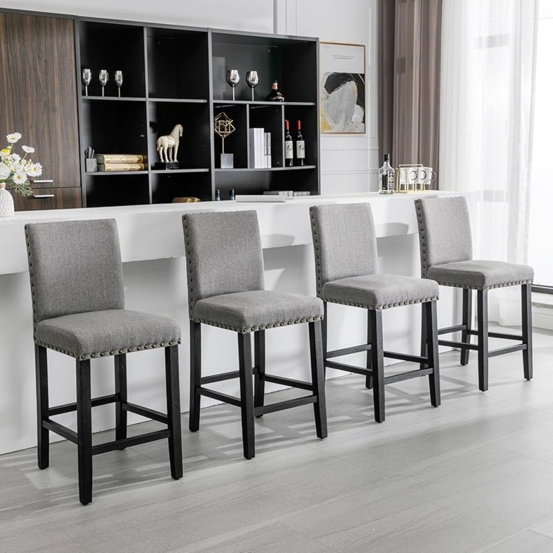 Bar Stool Set of 4 with Square Wood Legs and Nailhead Trim