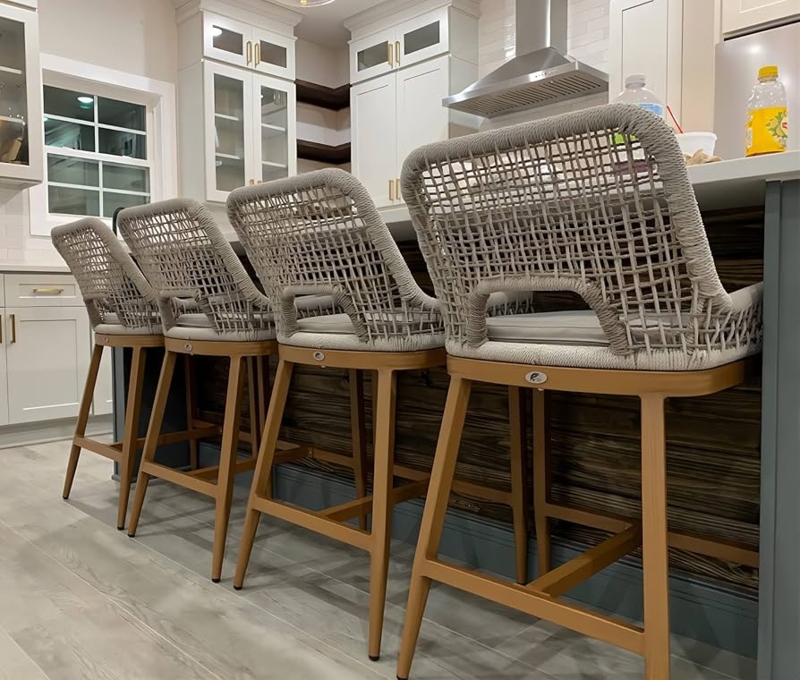 Bar Stool Set of 4 Woven Back Grey Cushion Wood Toned Legs