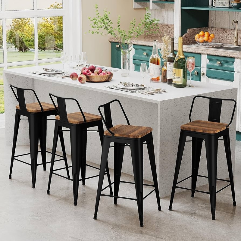 Bar Stool Set of Four: Industrial Metal Frame, Wood Toned Seat