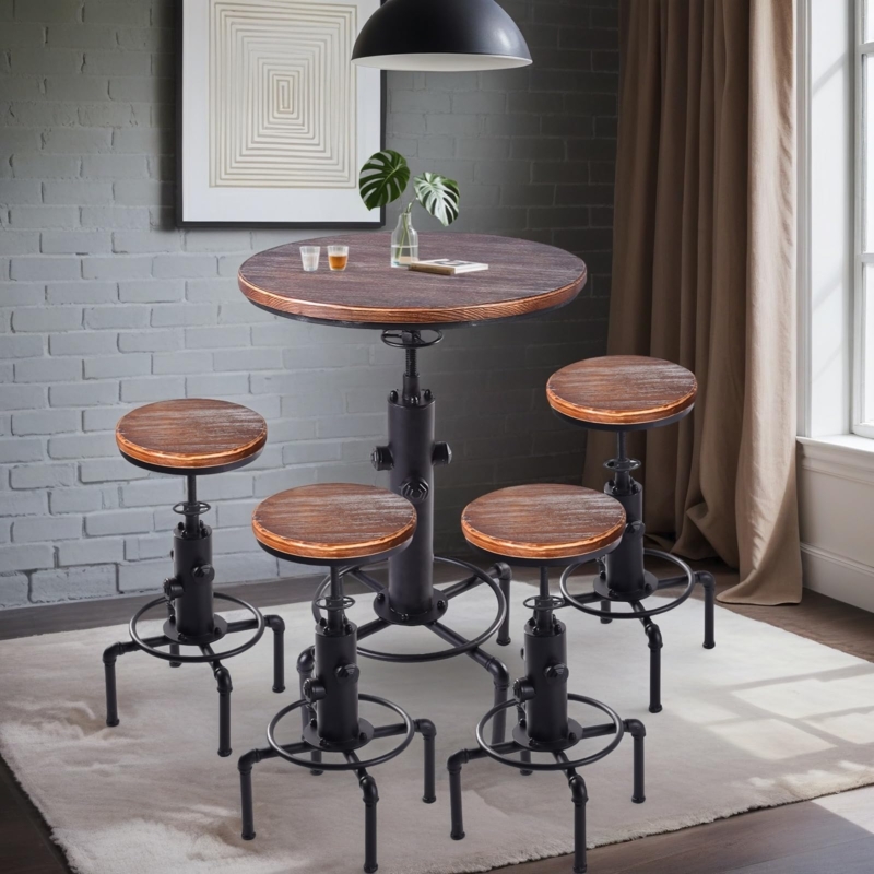 Bar Stool Set Pipe Style Base Distressed Finish Swivel Industrial