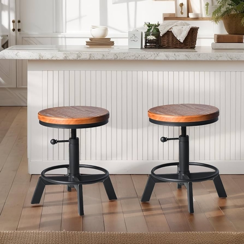 Bar Stool Set Screw Thread Adjustment Metal Frame Wood Top Stools