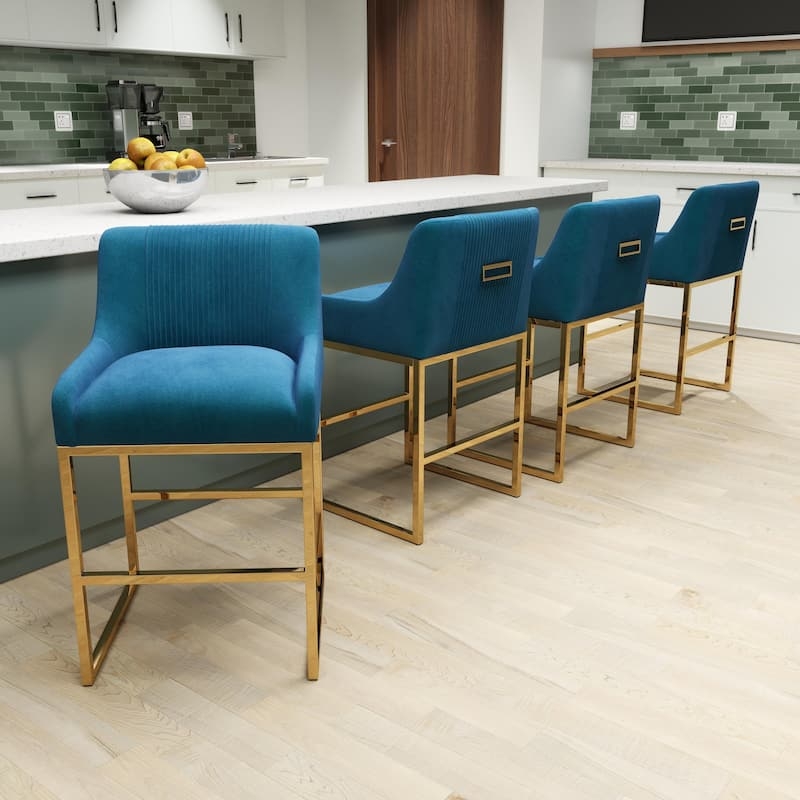 Bar Stool Set Teal Velvet Metallic Sled Base Ribbed