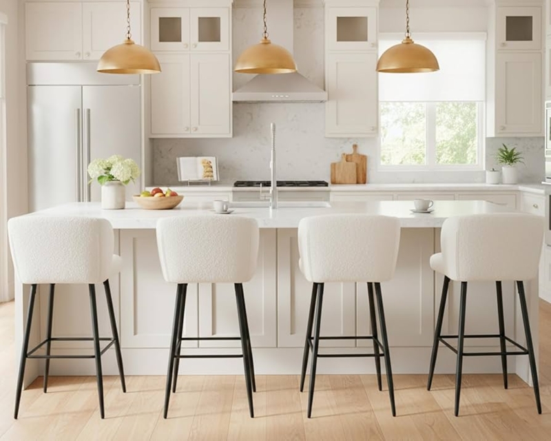 Bar Stool Set White Boucle Black Tapered Legs