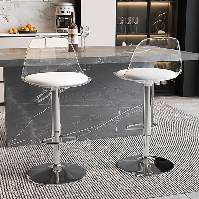 Bar Stool Set with Clear Backs, White Seats & Chrome Pedestal Base
