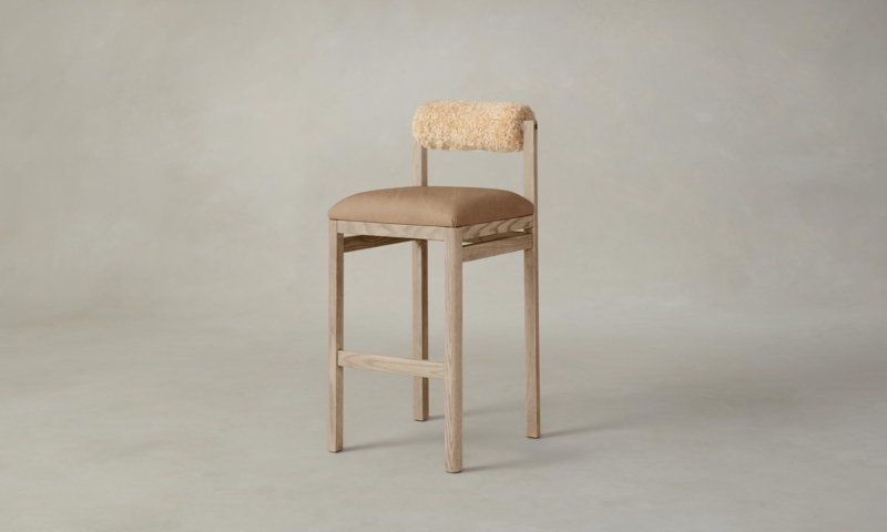 Bar Stool Shearling Bolster Leather Seat Organic Modern Wood
