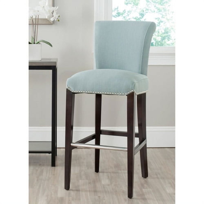 Bar Stool Sky Blue Upholstery Silver Nailhead Trim Espresso