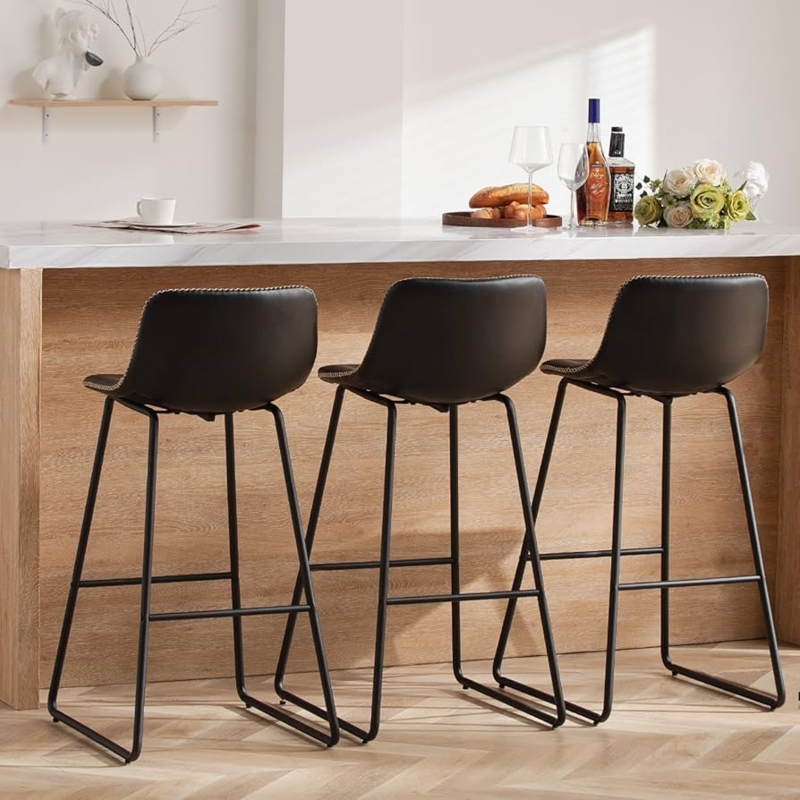 Bar Stool Sled Base Black Faux Leather Contrast Stitching
