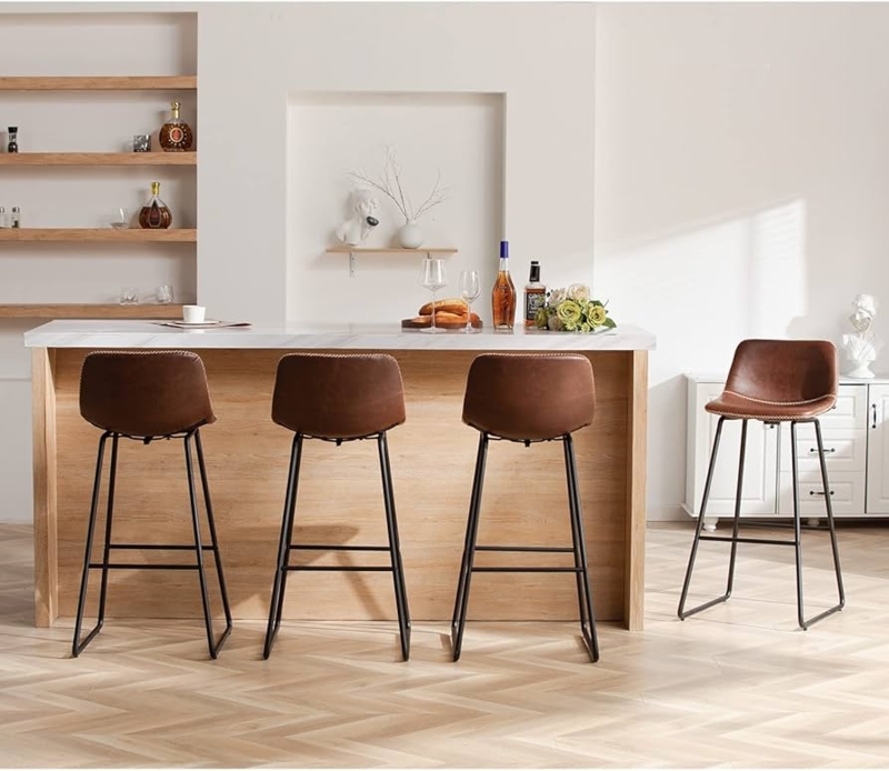 Bar Stool Sled Base Cognac Brown Low Profile Back Industrial