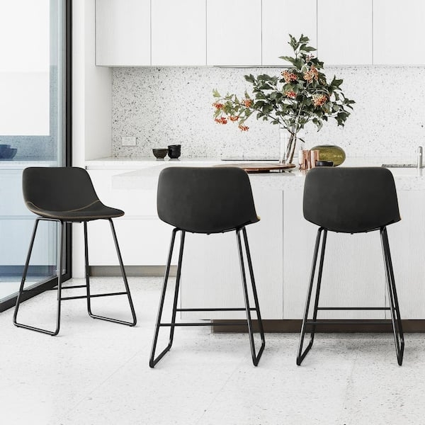Bar Stool Sled Base Matte Black Seat Minimalist Silhouette Leather-Like
