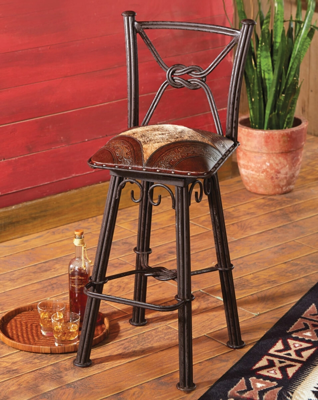 Bar Stool Southwestern Rustic Iron Knotted Back Hair On Hide Seat