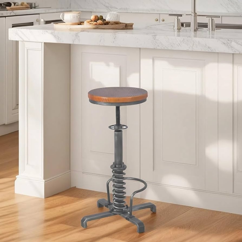Bar Stool Spring Base Screw Top Mechanical Aesthetic Charcoal Wood Toned