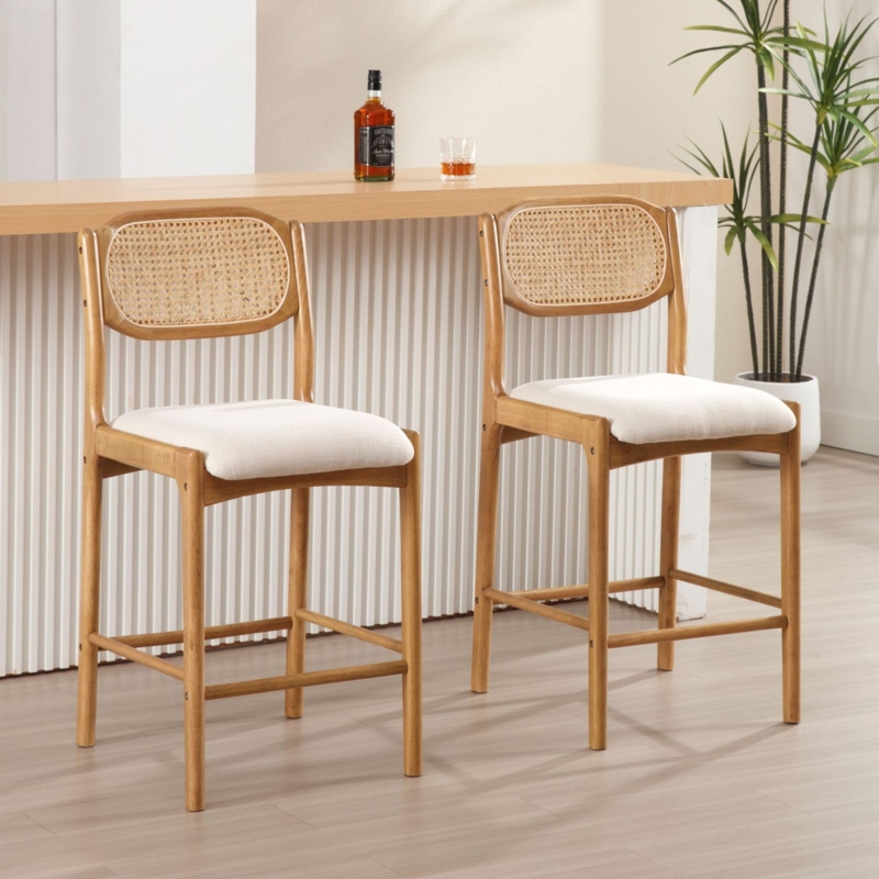 Bar Stool Square Cane Back Linen Like Upholstery Light Wood