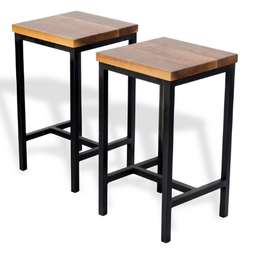 Bar Stool Square Seat H Stretcher Matte Black Metal Frame Wood Toned