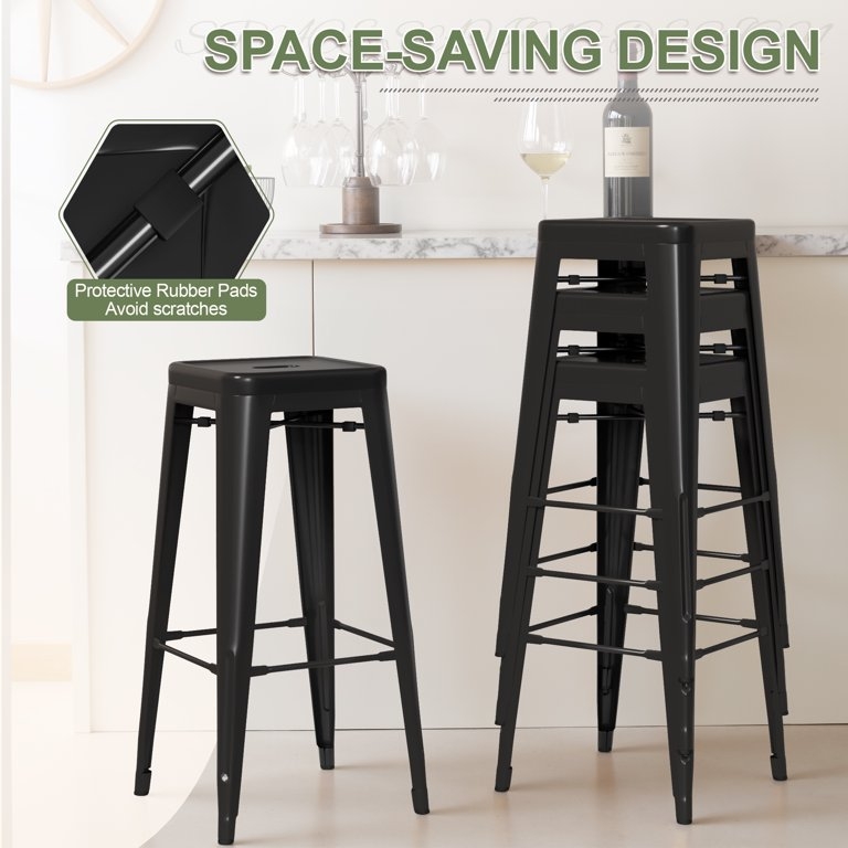 Bar Stool Stackable Matte Black Metal Industrial Rubber Pads