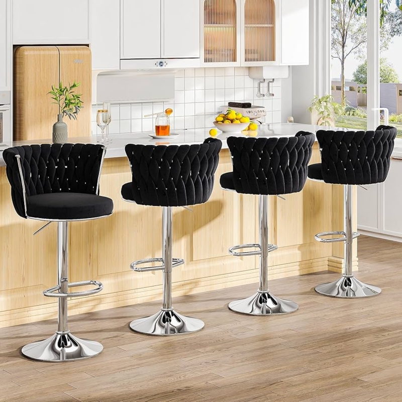 Bar Stool Swivel Adjustable Chrome Base Braided Backrest Velvet-Like