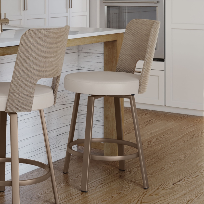 Bar Stool Swivel Base Champagne Finish Floating Backrest Ribbed Woven