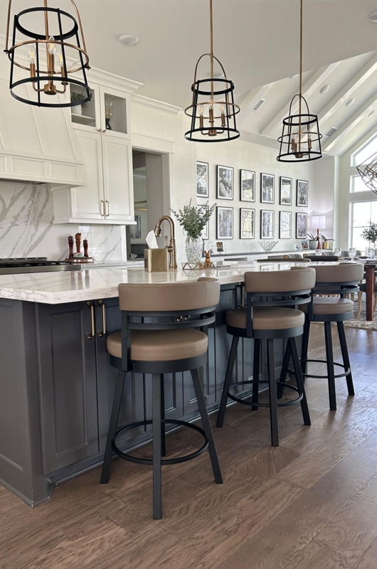 Bar Stool: Swivel Base, Modern Farmhouse Upholstered Seat, Curved Back