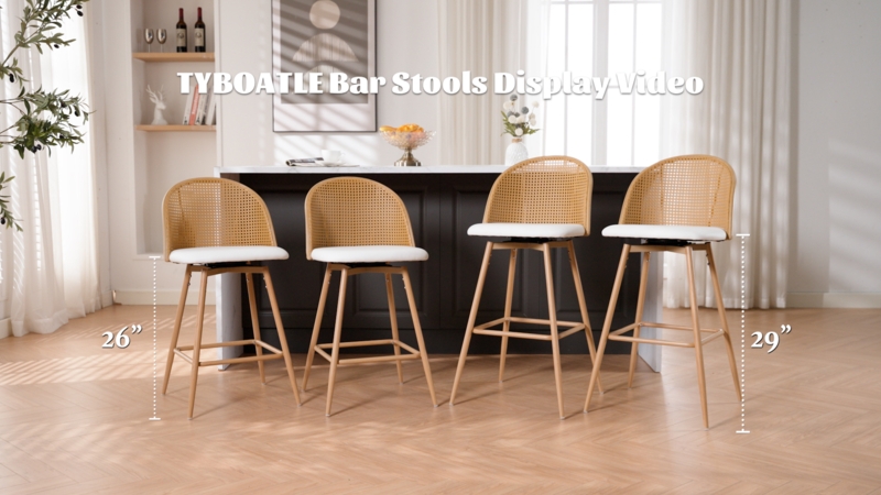 Bar Stool Swivel Base with Woven Cane Back and White Upholstery