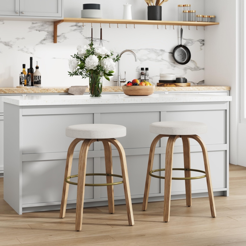 Bar Stool Swivel Beige Seat Curved Wood Brass Footrest