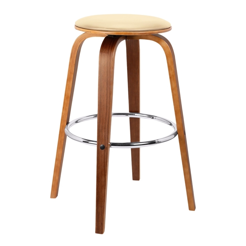 Bar Stool Swivel Cream Seat Walnut Wood Chrome Footrest