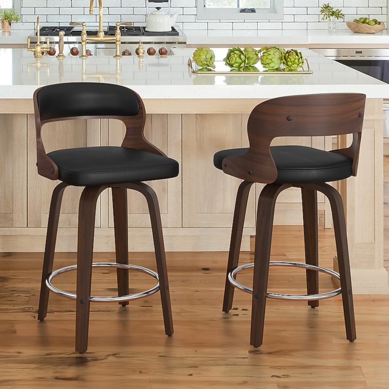 Bar Stool Swivel Dark Wood Satin Finish Black Leather-Like Mid-Century
