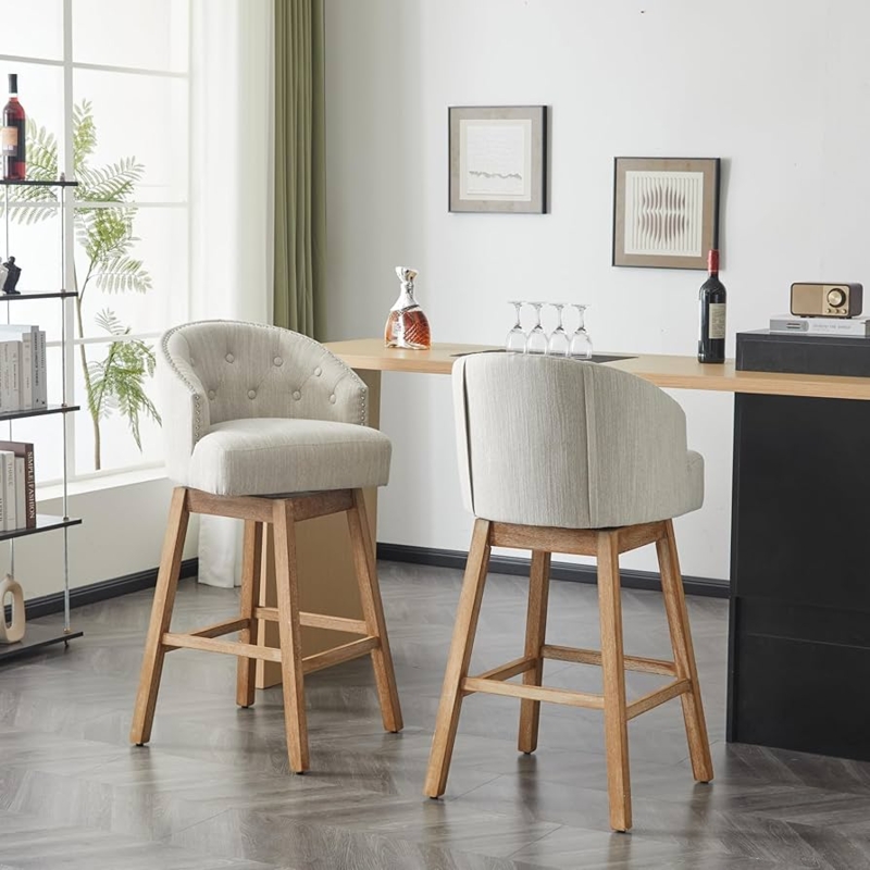 Bar Stool Swivel Seat Button Tufted Natural Wood