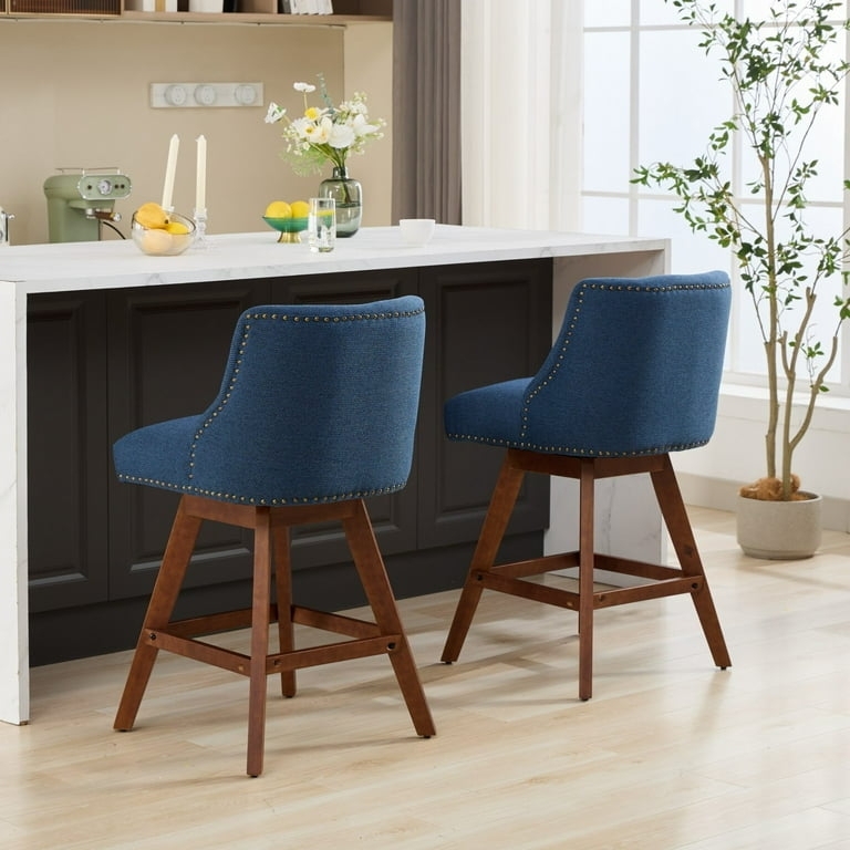 Bar Stool Swivel Woven Fabric Nailhead Trim Wood Legs Transitional