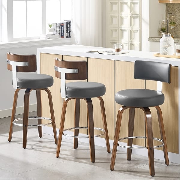 Bar Stool T-Shaped Back Gray Wood-Toned Plywood Mid-Century Modern