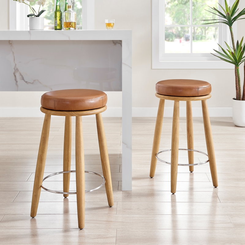 Bar Stool Tan Faux Leather Light Wood Chrome Footrest