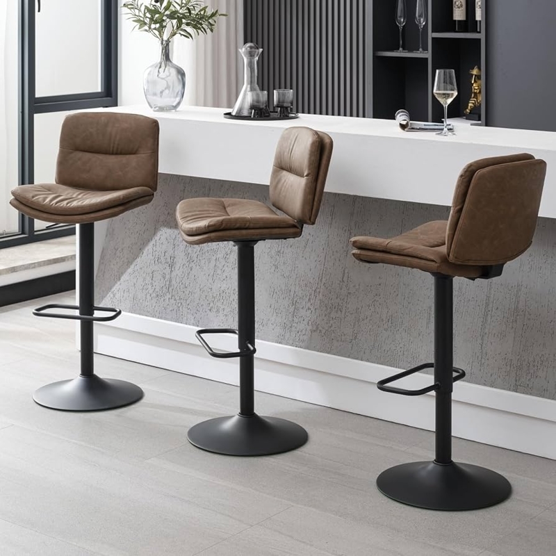 Bar Stool Tan Leather-Like Double Layer Cushion Matte Black Pedestal