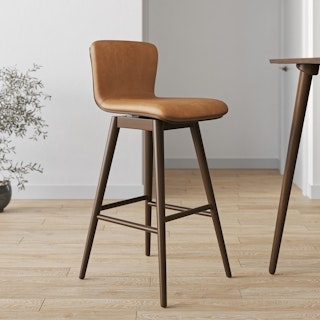 Bar Stool Tan Leather Look Swivel With Contoured Back Walnut Legs