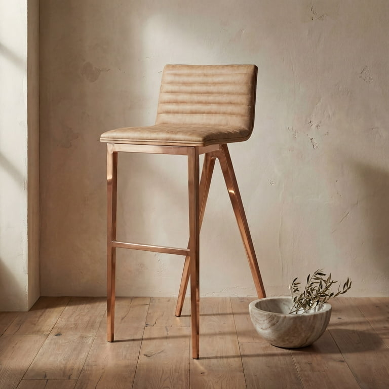 Bar Stool Tan Ribbed Upholstery Copper Angled Frame