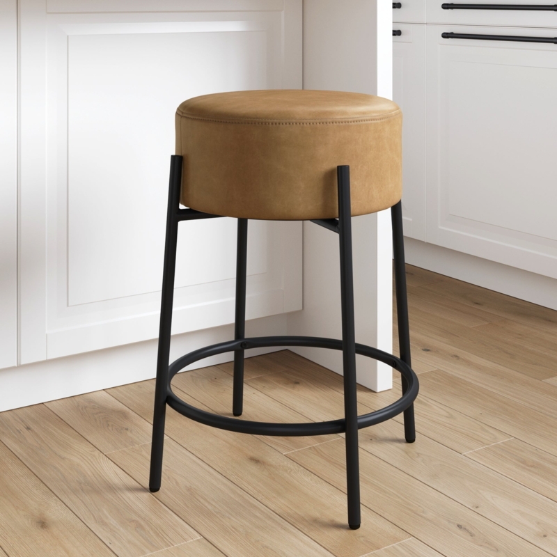 Bar Stool Tan Round Seat Black Metal Circular Footrest
