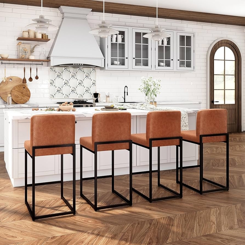 Bar Stool Tan Upholstery Black Sled Base Industrial Counter Seating