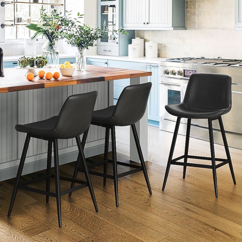 Bar Stool Tapered Metal Legs Curved Bucket Seat Leather-Look Mid-Century