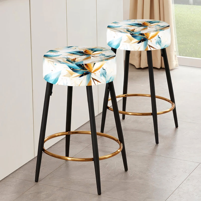 Bar Stool Teal Floral Pattern Seat Backless Gold Ring